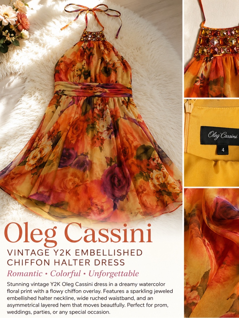 Vintage Oleg Cassini Y2K Watercolor Floral chiffon Halter Dress Jeweled Neckline